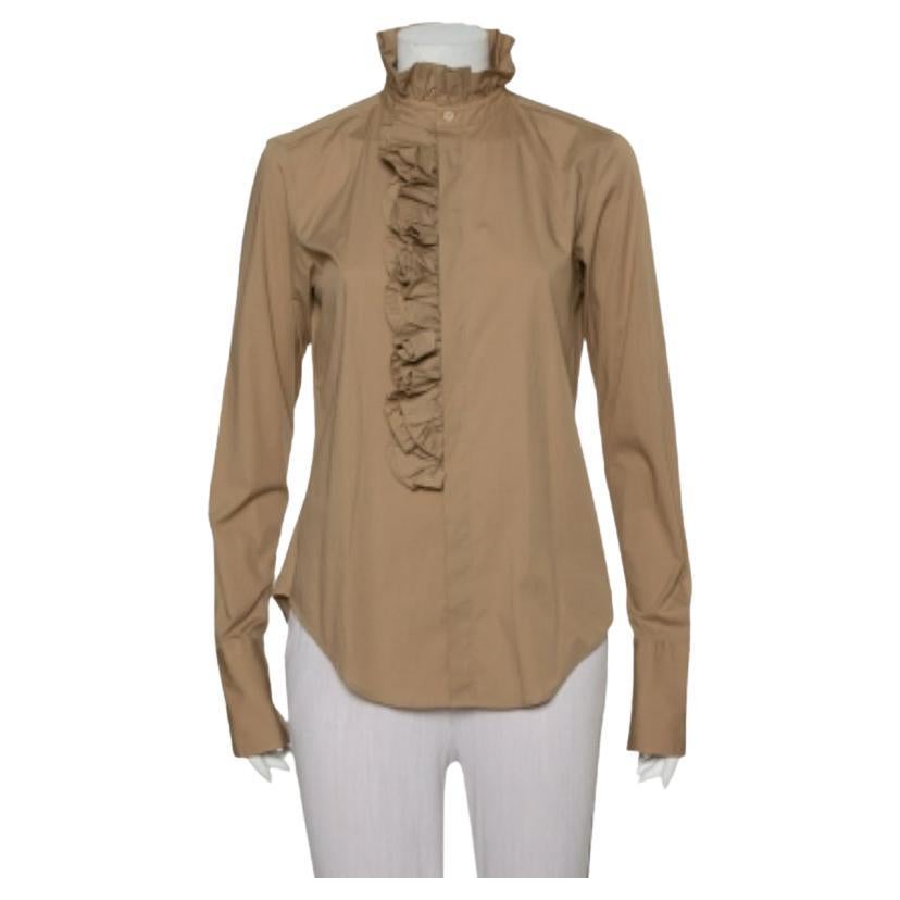 Ralph Lauren Beige Cotton Ruffle Detail Button Front Top L For Sale
