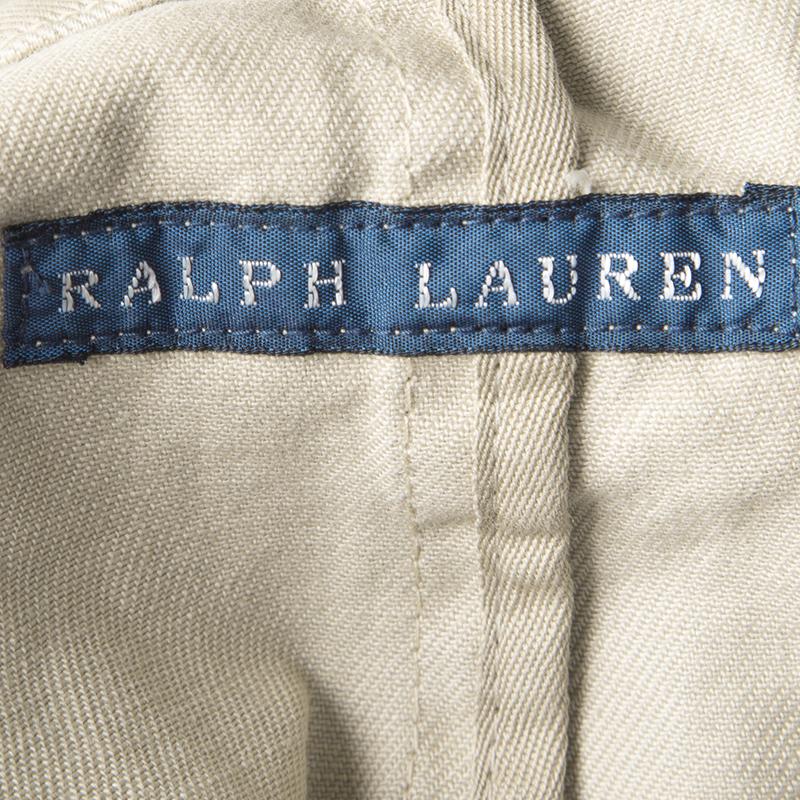 Women's Ralph Lauren Beige Cotton Twill Leather Trim Button Front Jacket L
