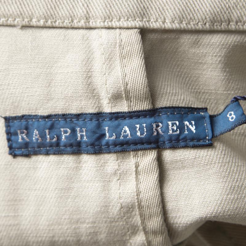Women's Ralph Lauren Beige Cotton Twill Leather Trim Button Front Jacket M