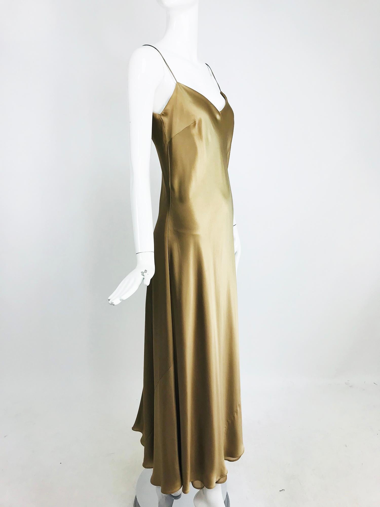 Brown Ralph Lauren Bias Cut Gold Silk Satin Long Slip dress