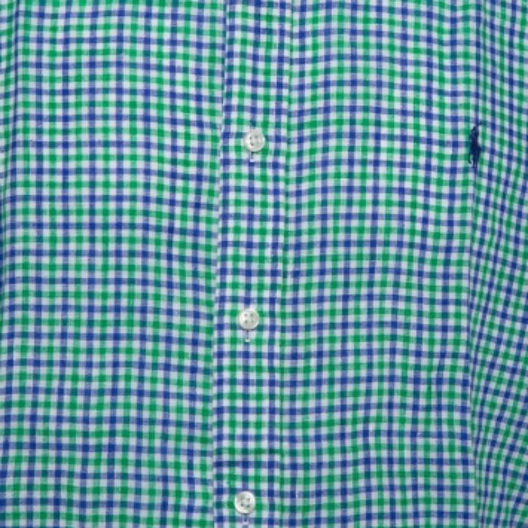 Blue Ralph Lauren Bicolor Linen Checkered Button Front Shirt XL For Sale
