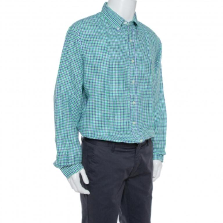 Ralph Lauren Bicolor Linen Checkered Button Front Shirt XL In Excellent Condition For Sale In Dubai, Al Qouz 2