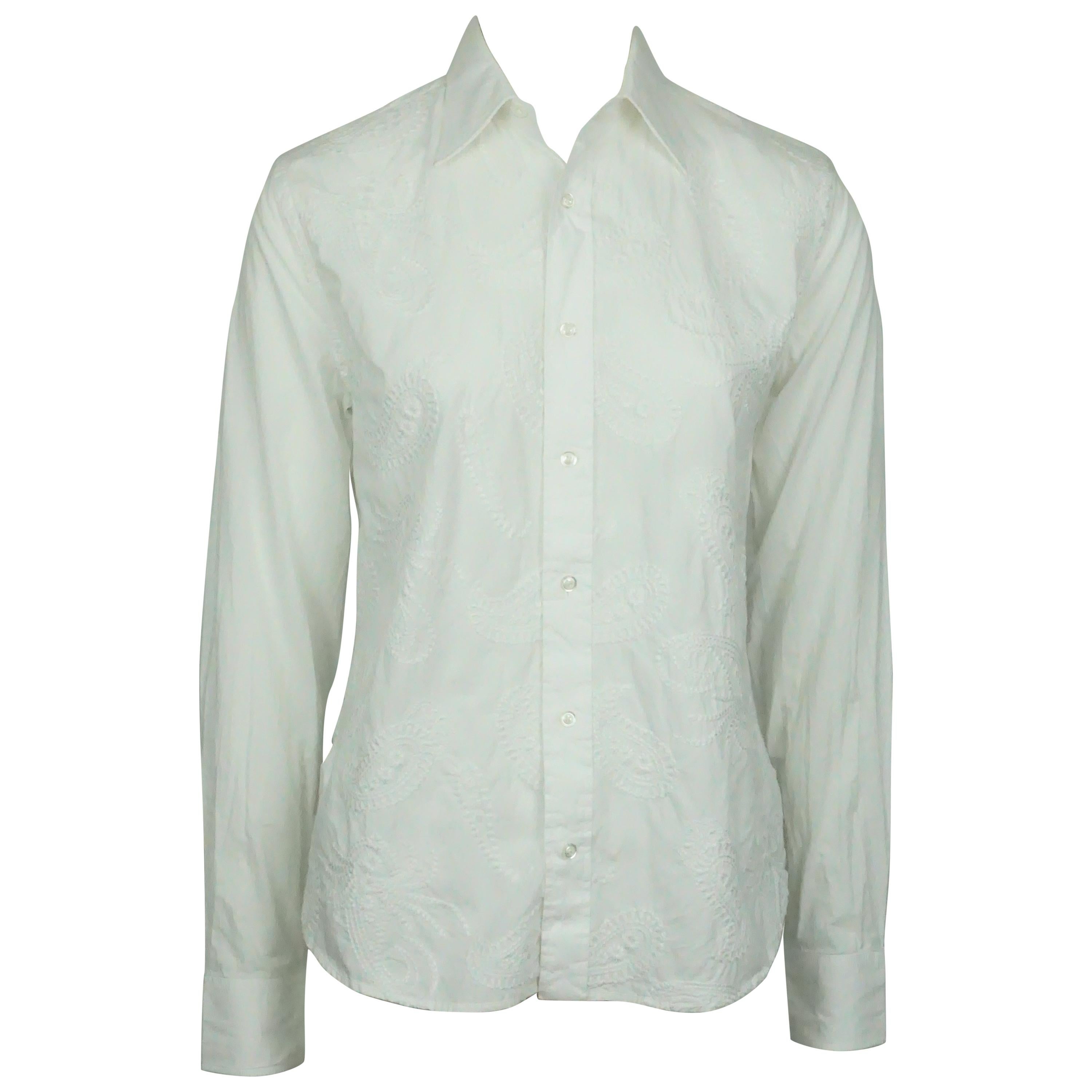 Ralph Lauren BL White Collared Shirt w/ Paisley Embroidery - 4  For Sale