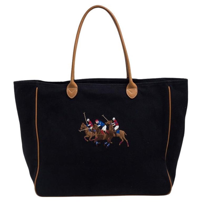 Ralph Lauren Black/Brown Leather Canvas Shopper Tote at 1stDibs