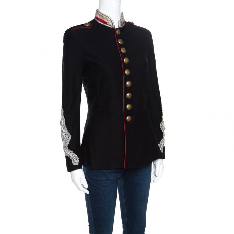 Ralph Lauren Black Cotton Twill Metallic Cord Embellished Military Jacket S In Good Condition In Dubai, Al Qouz 2