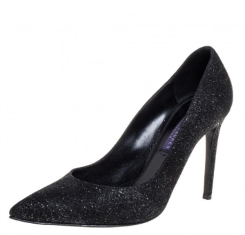 Women's Ralph Lauren Black Glitter Pointed Toe Pumps Size 37 For Sale