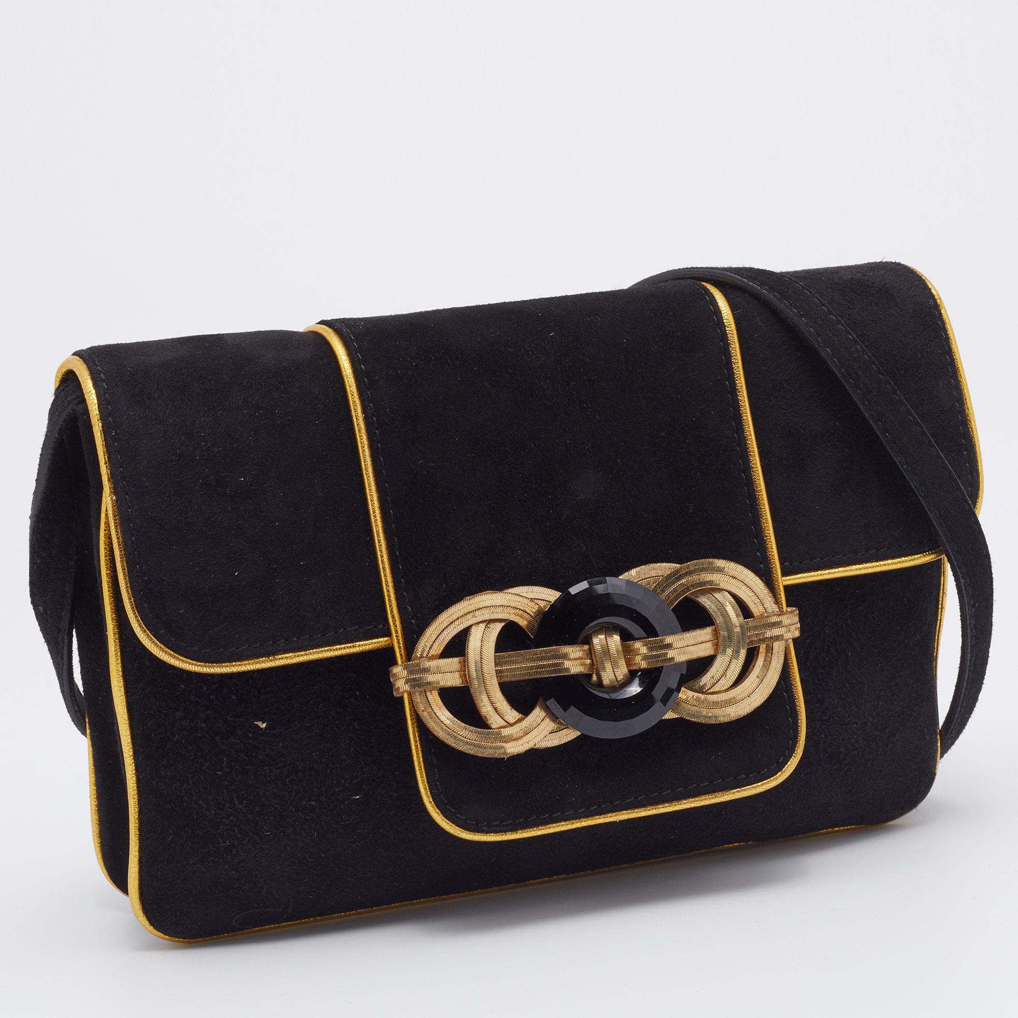 Ralph Lauren Black/Gold Suede And Leather Embellished Flap Shoulder Bag 3