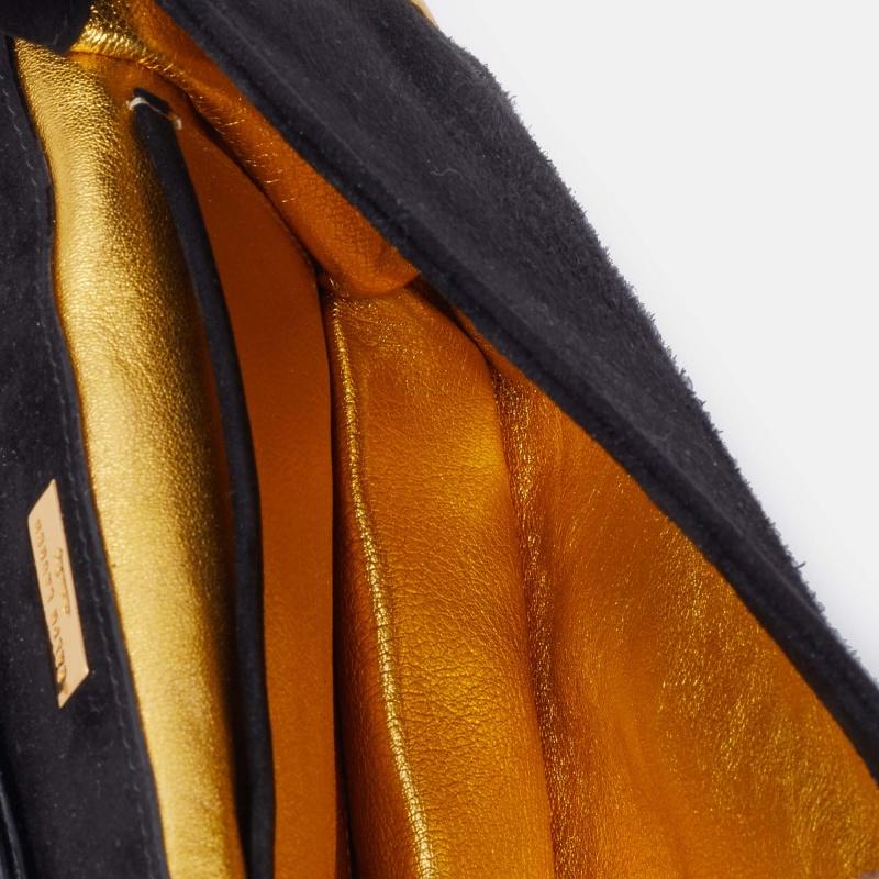 Ralph Lauren Black/Gold Suede And Leather Embellished Flap Shoulder Bag 6