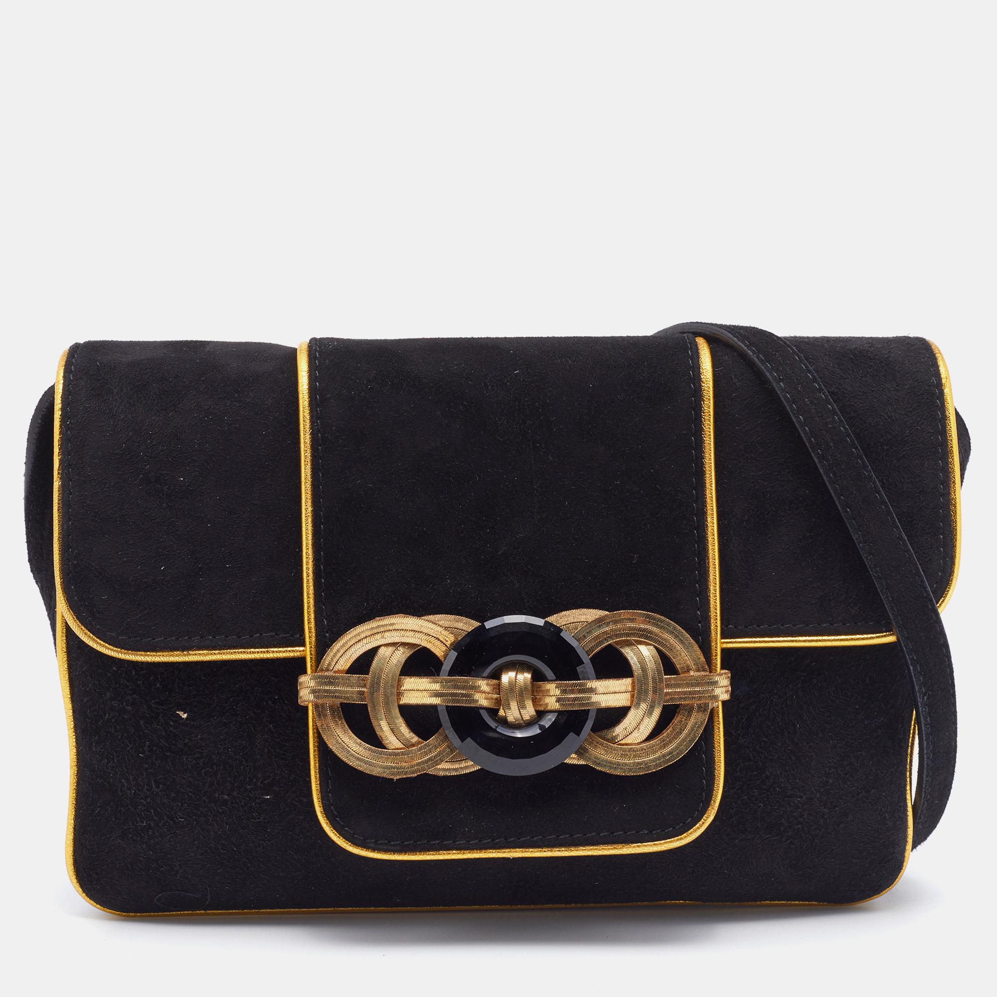Ralph Lauren Black/Gold Suede And Leather Embellished Flap Shoulder Bag In Excellent Condition In Dubai, Al Qouz 2