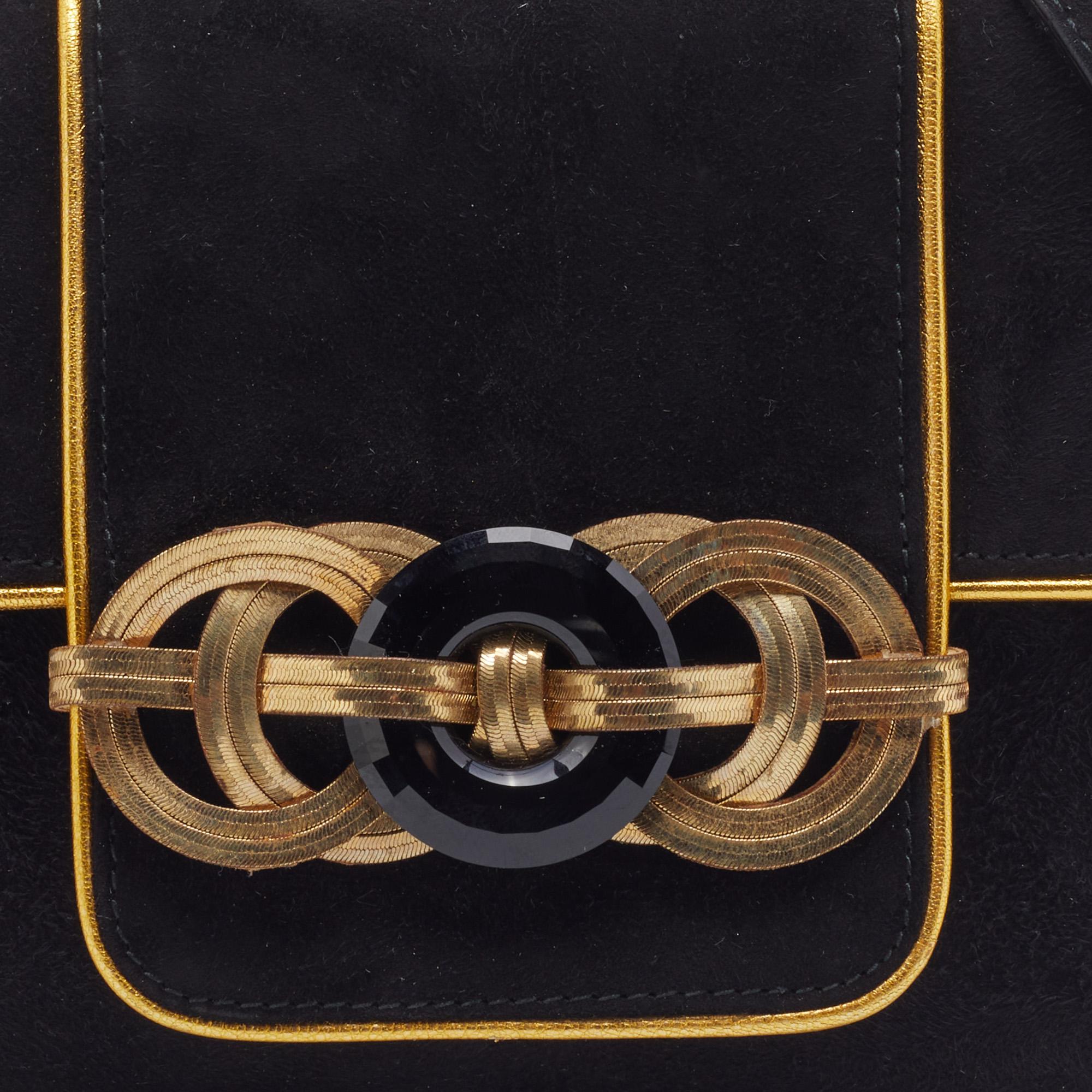 Women's Ralph Lauren Black/Gold Suede And Leather Embellished Flap Shoulder Bag