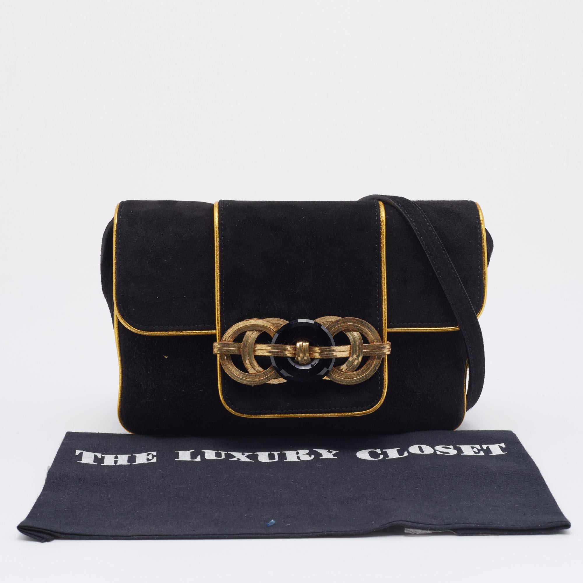 Ralph Lauren Black/Gold Suede And Leather Embellished Flap Shoulder Bag 1