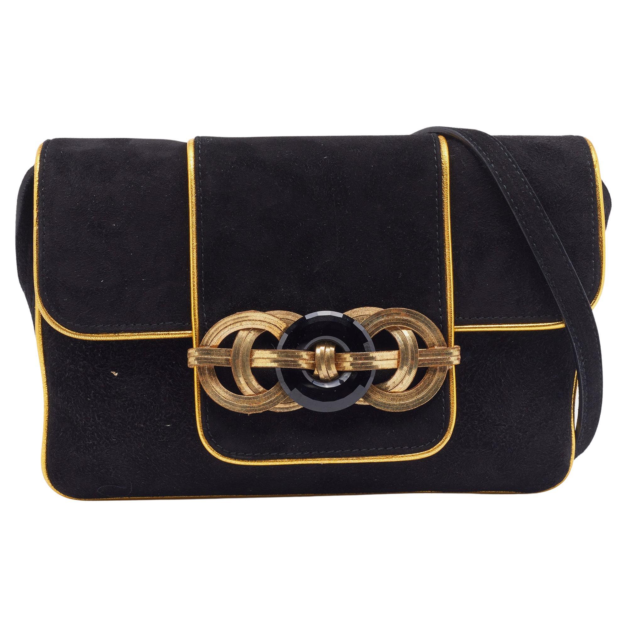 Ralph Lauren Black/Gold Suede And Leather Embellished Flap Shoulder Bag