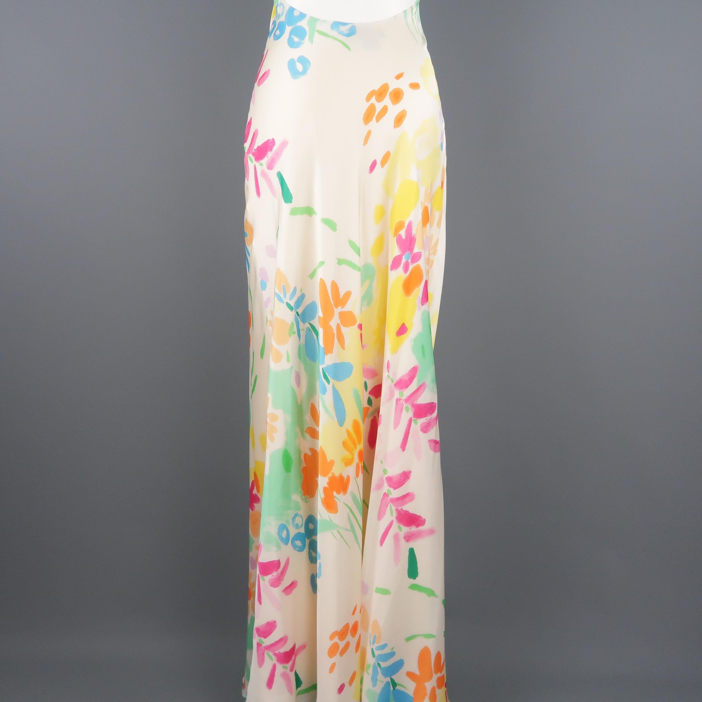 RALPH LAUREN Black Label 6 Cream Multi-Color Watercolor Floral Silk Dress Gown 3