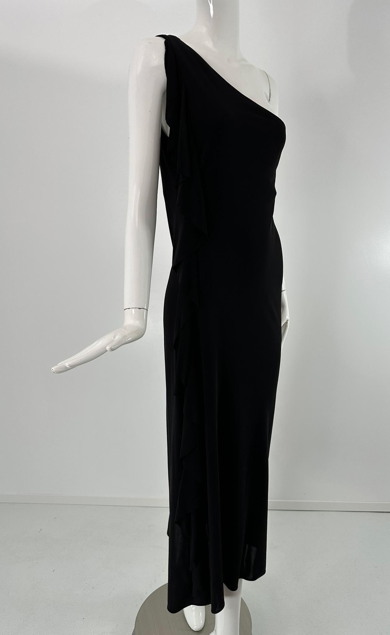 Ralph Lauren Black Label Schwarzer matter Jersey Ein-Schulter-Rüschen-Maxikleid im Angebot 14