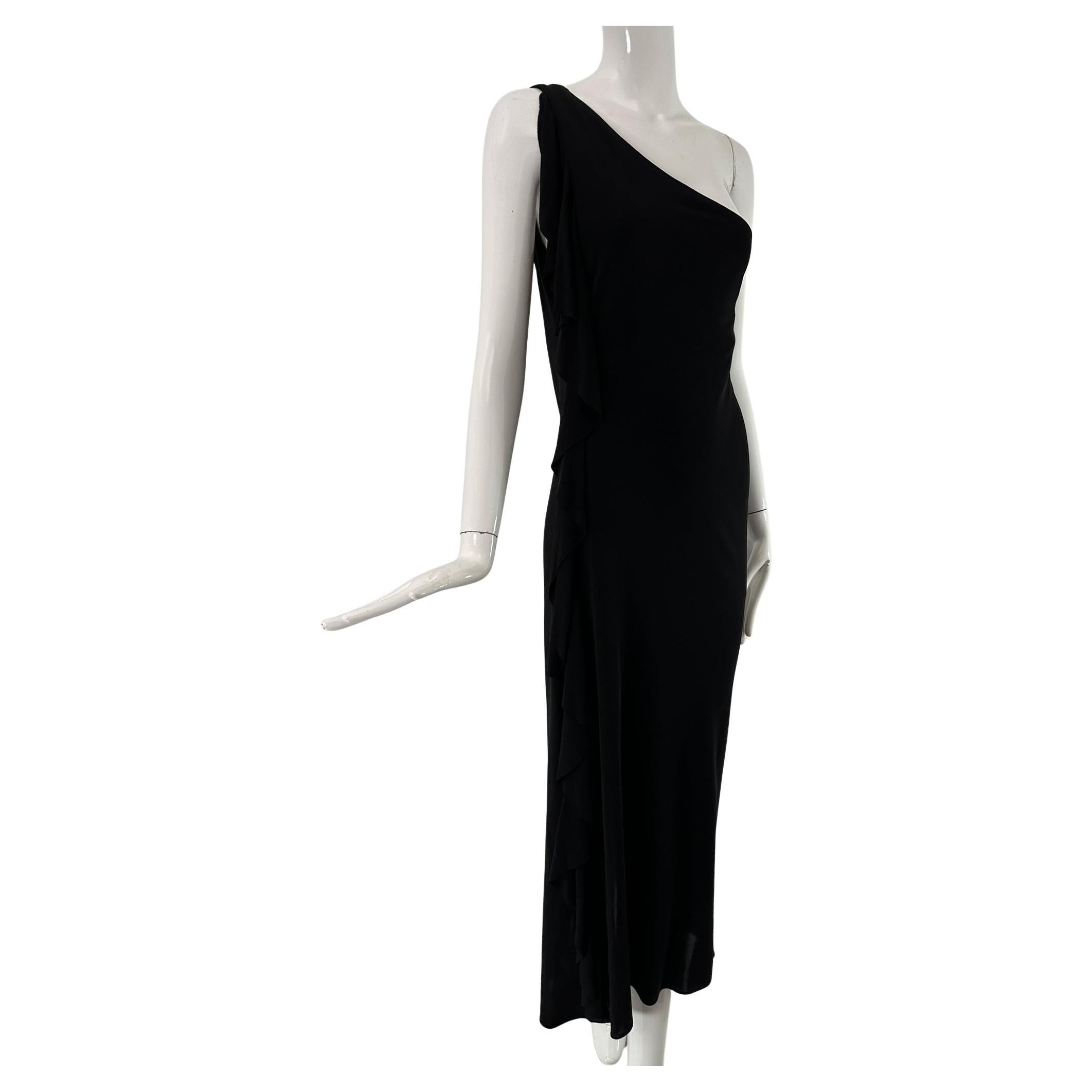 Ralph Lauren Black Label Schwarzer matter Jersey Ein-Schulter-Rüschen-Maxikleid