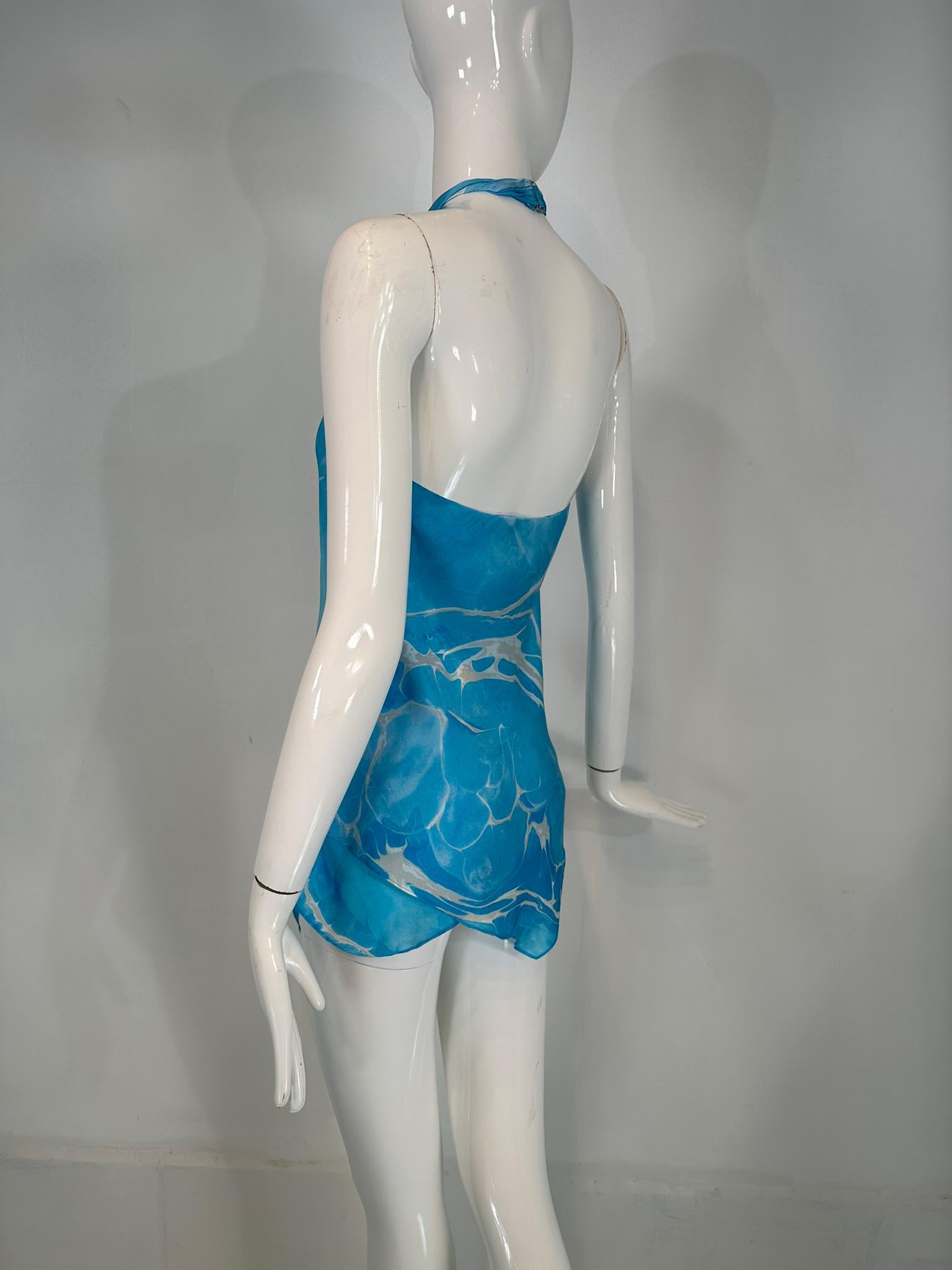 Ralph Lauren Black Label Blue & White Silk Print Asymmetrical Hem Halter Top 6 6