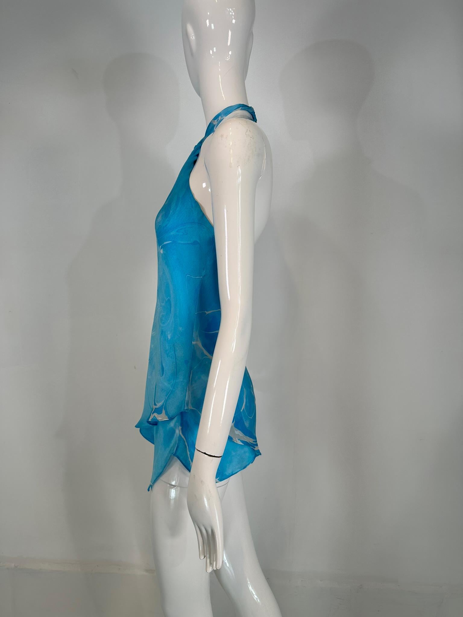 Ralph Lauren Black Label Blue & White Silk Print Asymmetrical Hem Halter Top 6 7
