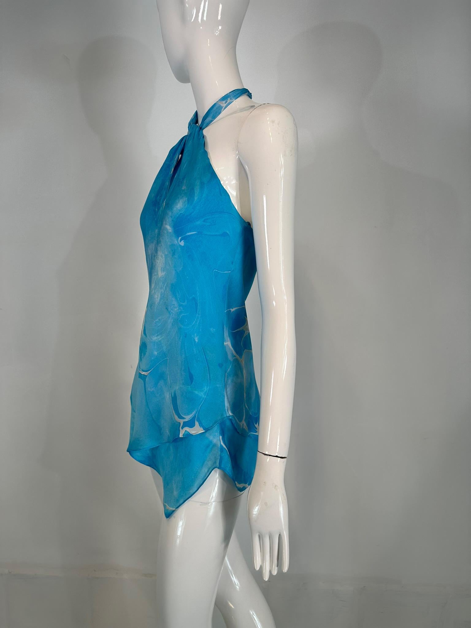 Ralph Lauren Black Label Blue & White Silk Print Asymmetrical Hem Halter Top 6 8