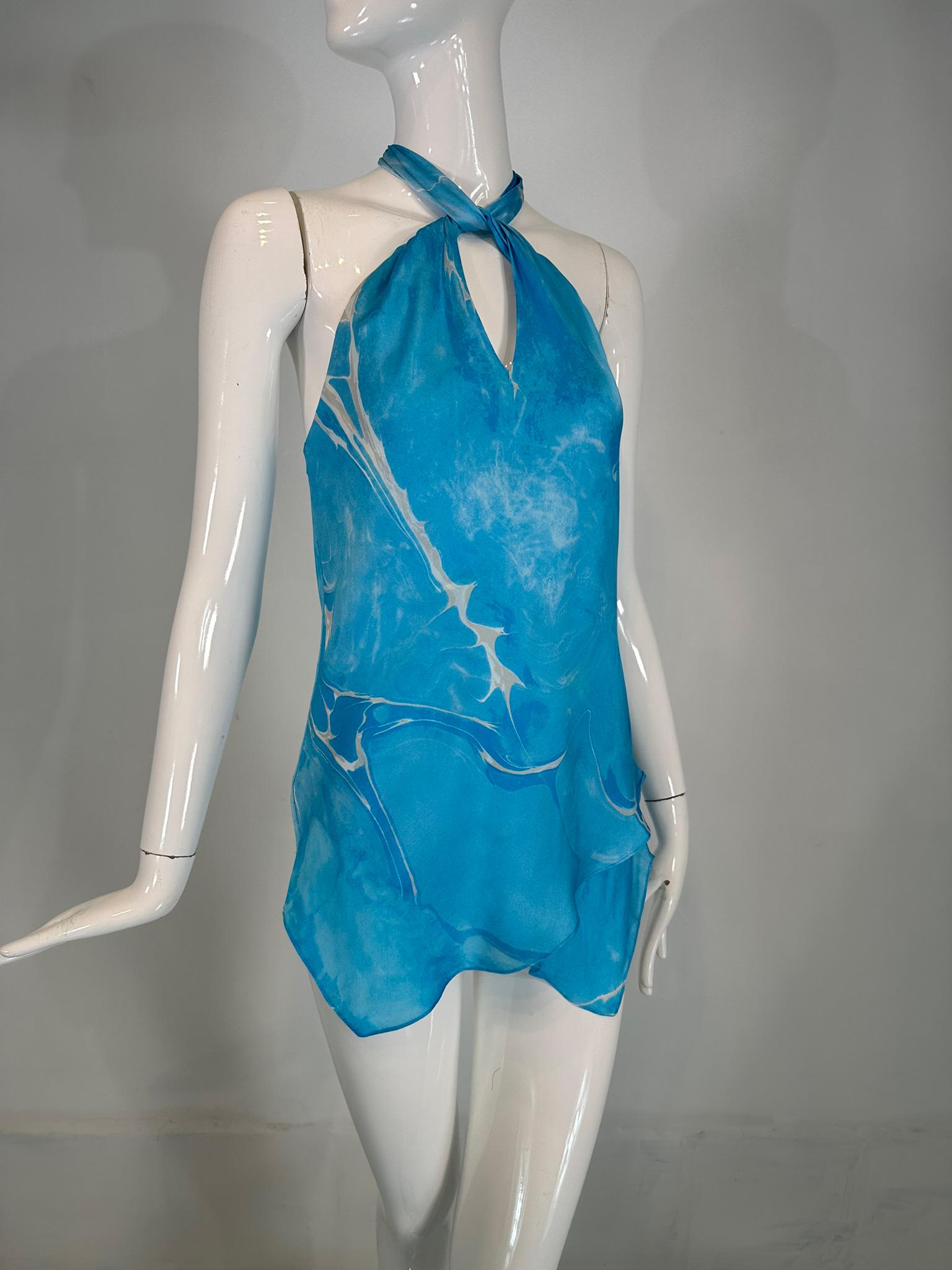 Ralaph Lauren Black Label, blue & white silk print asymmetrical hem, bias cut, halter top marked size 6. 
Pull on bias cut top has a looped neck band that closes at the neck back with with a silver hook. Layered body with an asymmetrical hem.