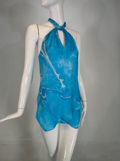 Ralph Lauren Black Label Blue & White Silk Print Asymmetrical Hem Halter Top 6