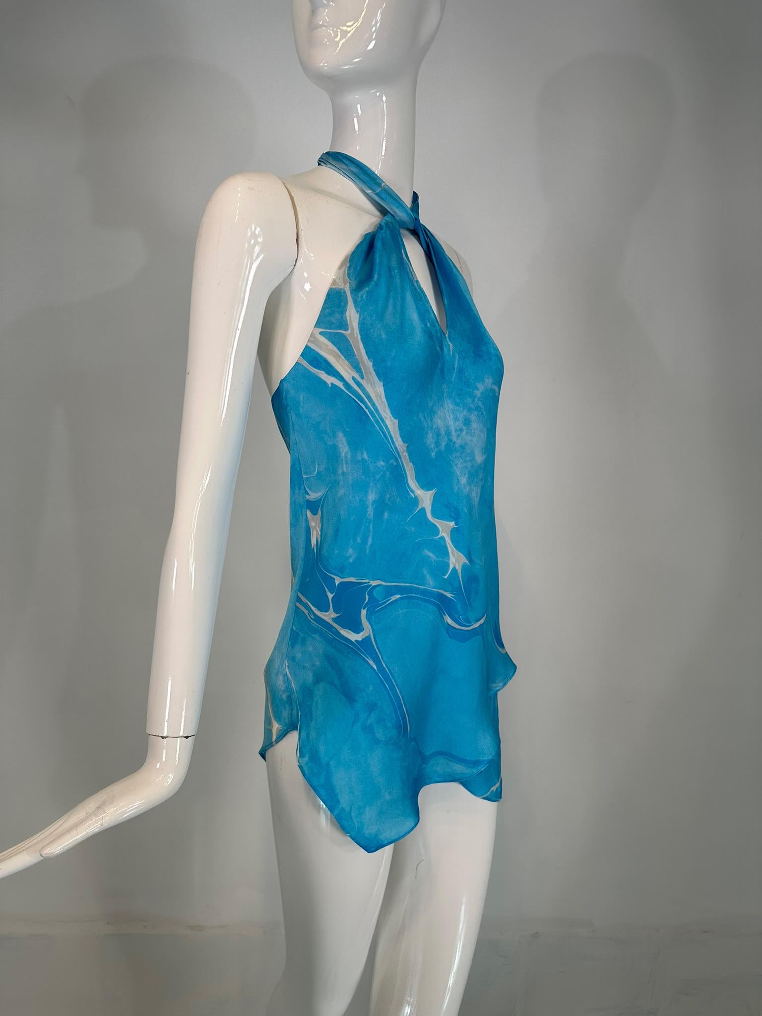 Ralph Lauren Black Label Blue & White Silk Print Asymmetrical Hem Halter Top 6 In Good Condition In West Palm Beach, FL