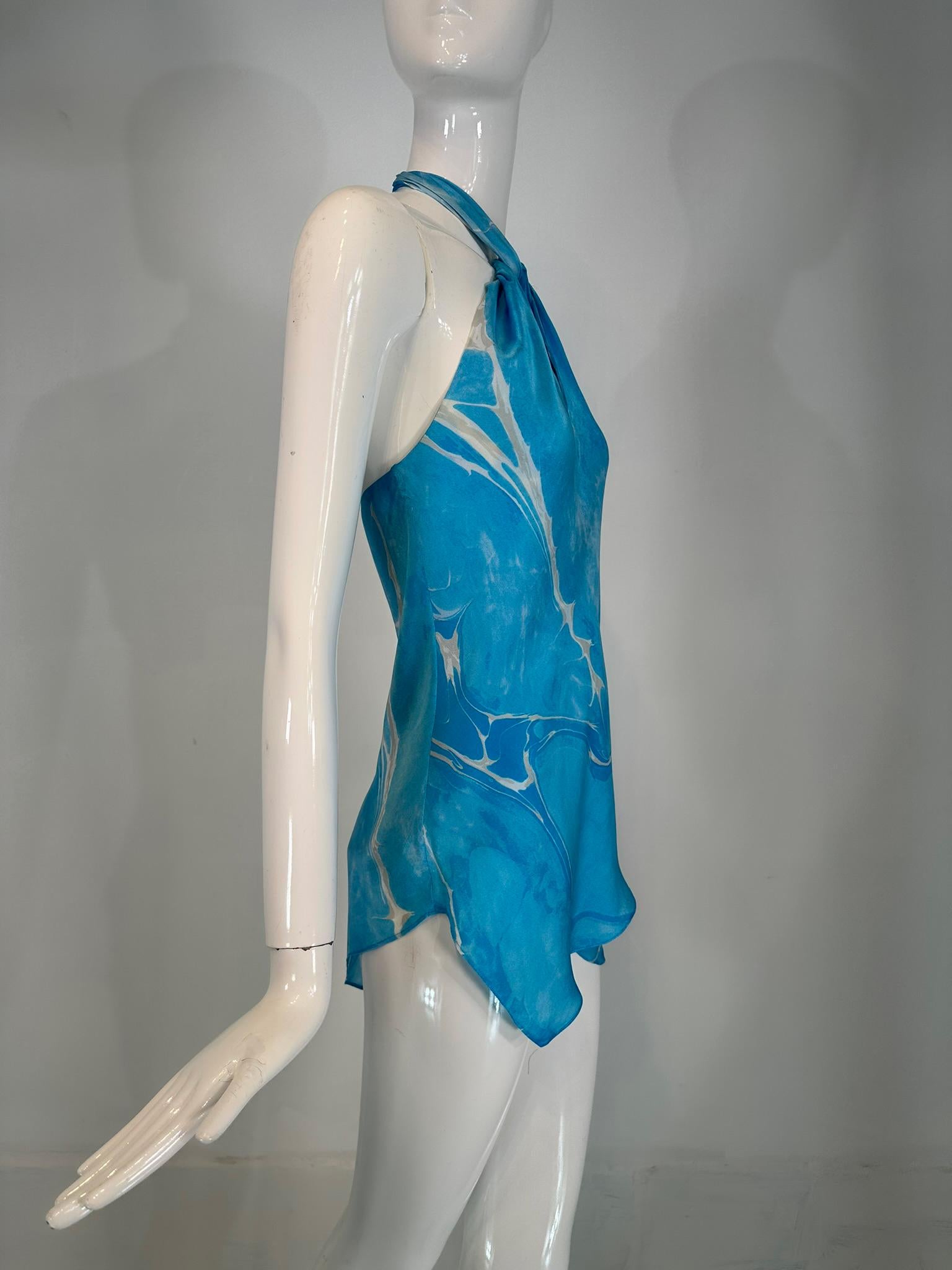 Women's Ralph Lauren Black Label Blue & White Silk Print Asymmetrical Hem Halter Top 6