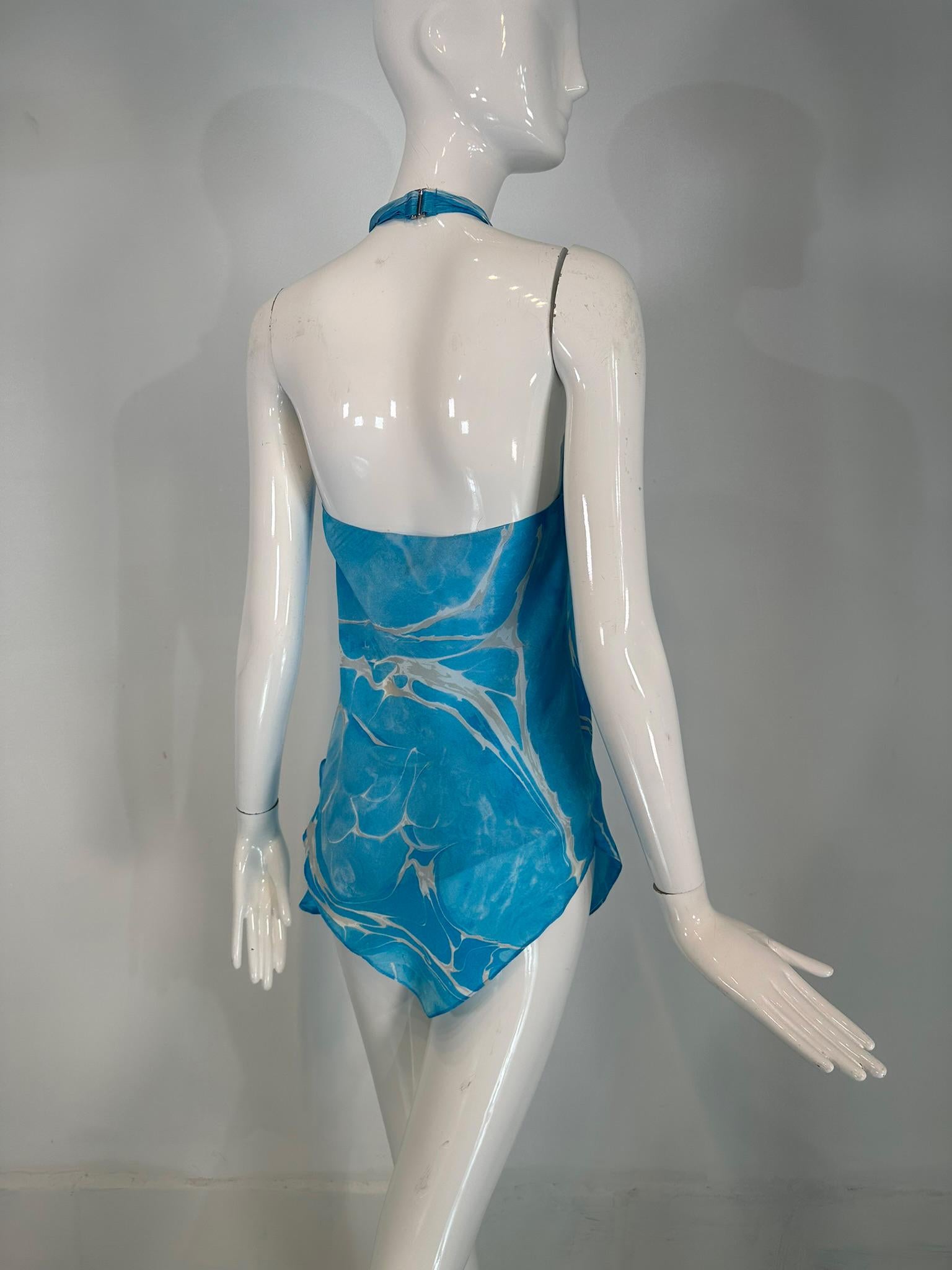Ralph Lauren Black Label Blue & White Silk Print Asymmetrical Hem Halter Top 6 3