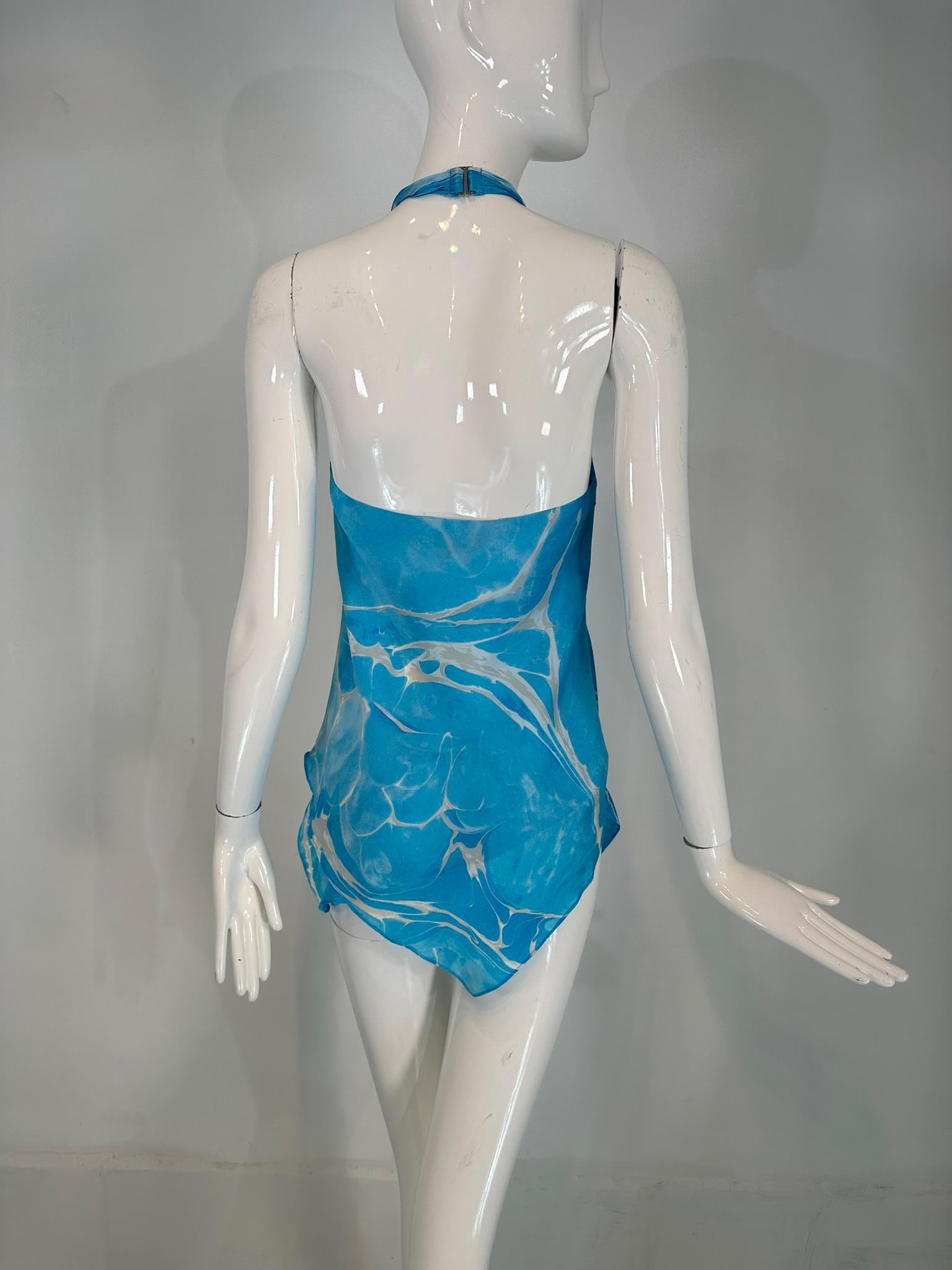 Ralph Lauren Black Label Blue & White Silk Print Asymmetrical Hem Halter Top 6 4