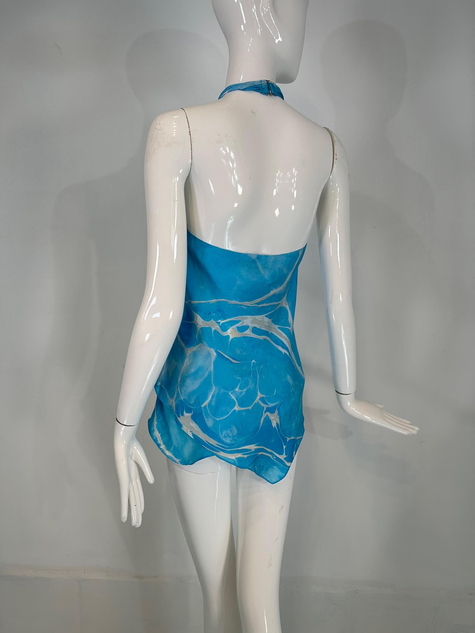 Ralph Lauren Black Label Blue & White Silk Print Asymmetrical Hem Halter Top 6 5