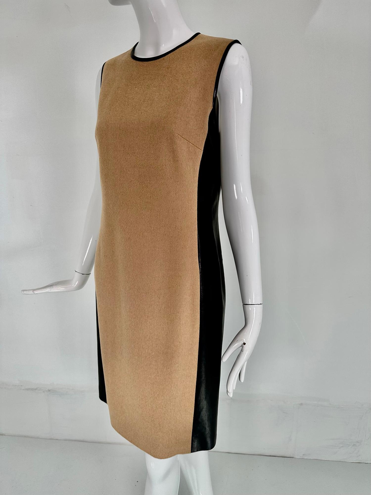 Ralph Lauren Black Label, baby camel hair with black lamb leather sheath dress, unworn with tags, marked size 8. A classic dress in the most amazing fabric and softest leather.  Jewel neck, sleeveless sheath with black lamb leather neck & arm
