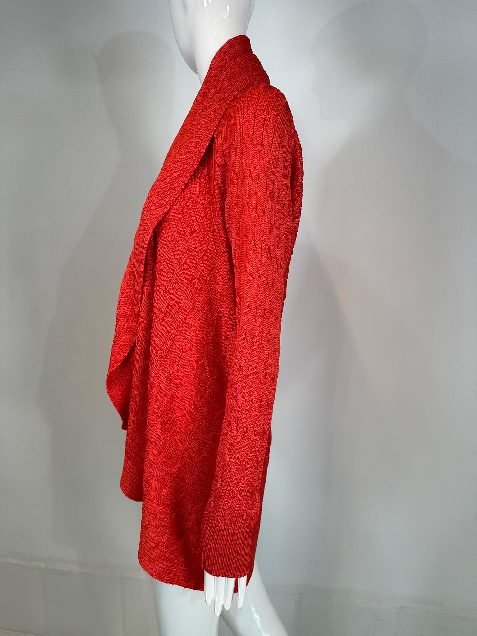 Red Ralph Lauren Black Label Coral Silk Cable Knit Circle Open Front Sweater Large For Sale