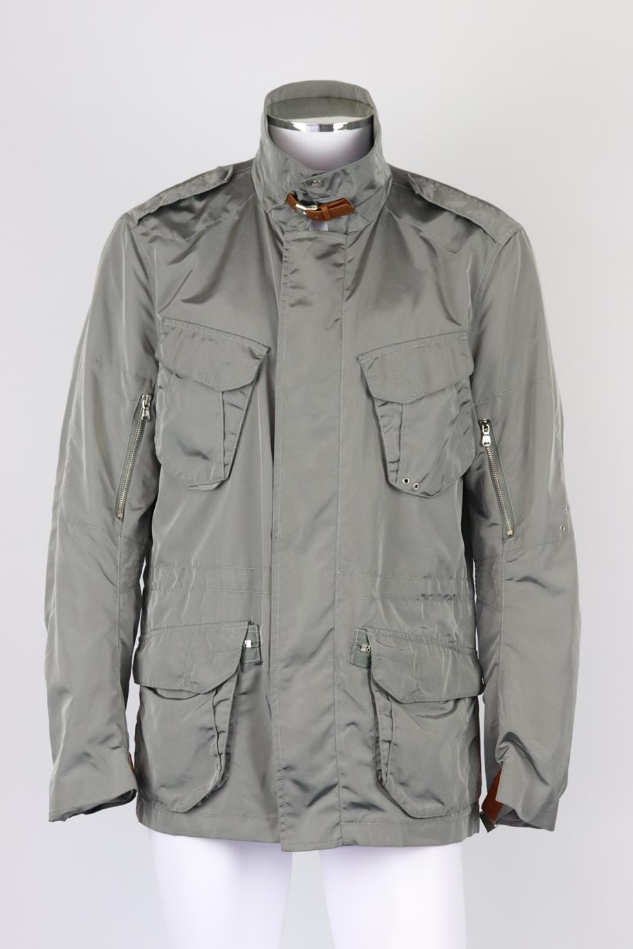 Ralph Lauren Black Label men's leather trimmed shell utility jacket. Grey and tan. Long sleeve, crewneck. Zip fastening at front. 100% Nylon; lining: 100% cupro. Size: Large (IT 50, EU 50, UK/US Chest 40). Shoulder to shoulder: 18 in. Bust: 42 in.
