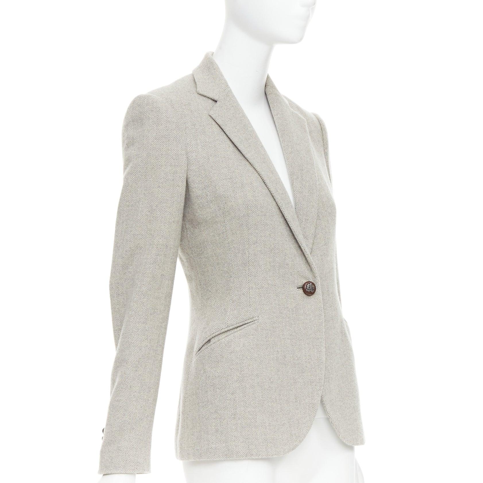 RALPH LAUREN Black Label Blazer aus Merinowolle mit Lederknöpfen in Fischgrätmuster US2 S (Schwarz) im Angebot