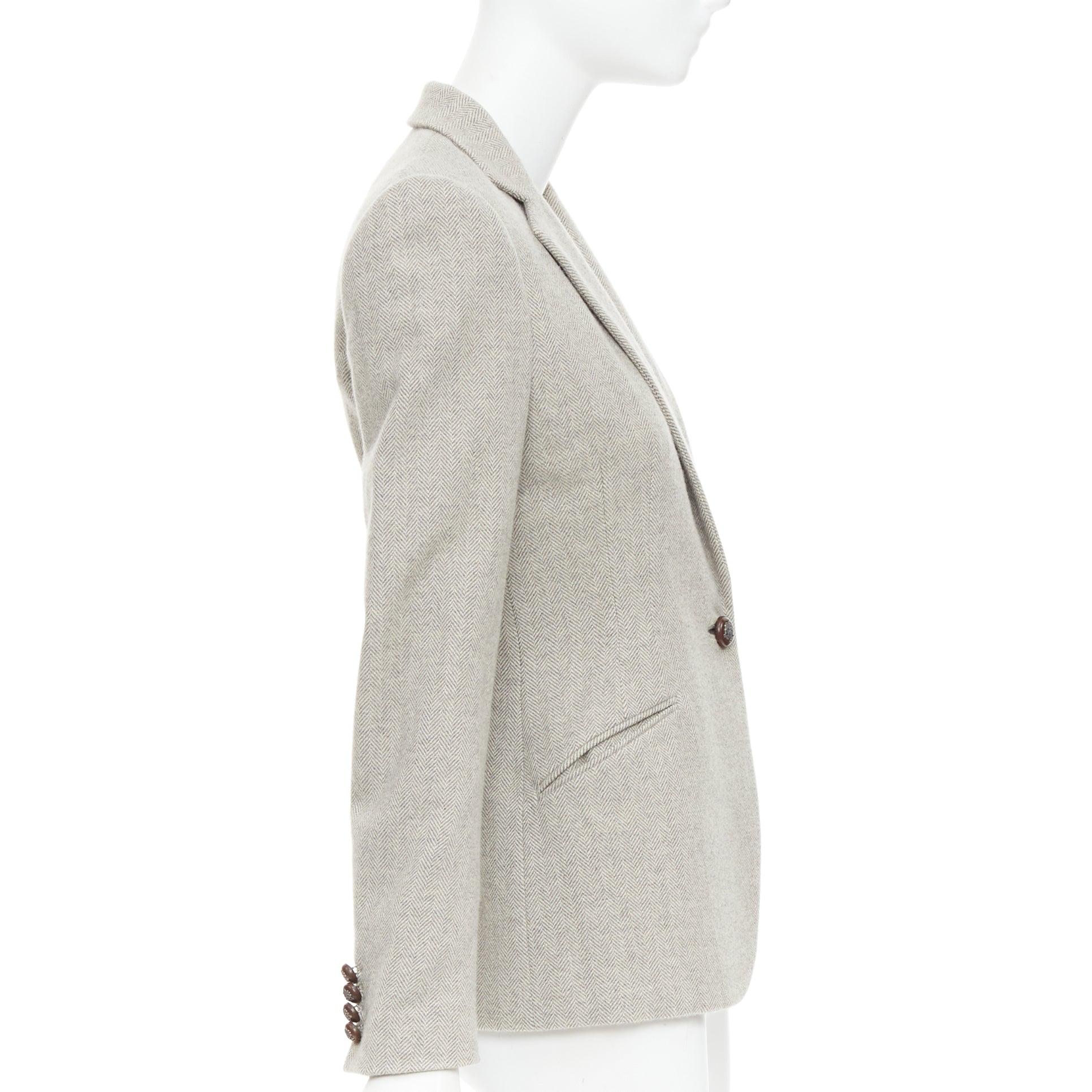 RALPH LAUREN Black Label Blazer aus Merinowolle mit Lederknöpfen in Fischgrätmuster US2 S im Zustand „Gut“ im Angebot in Hong Kong, NT