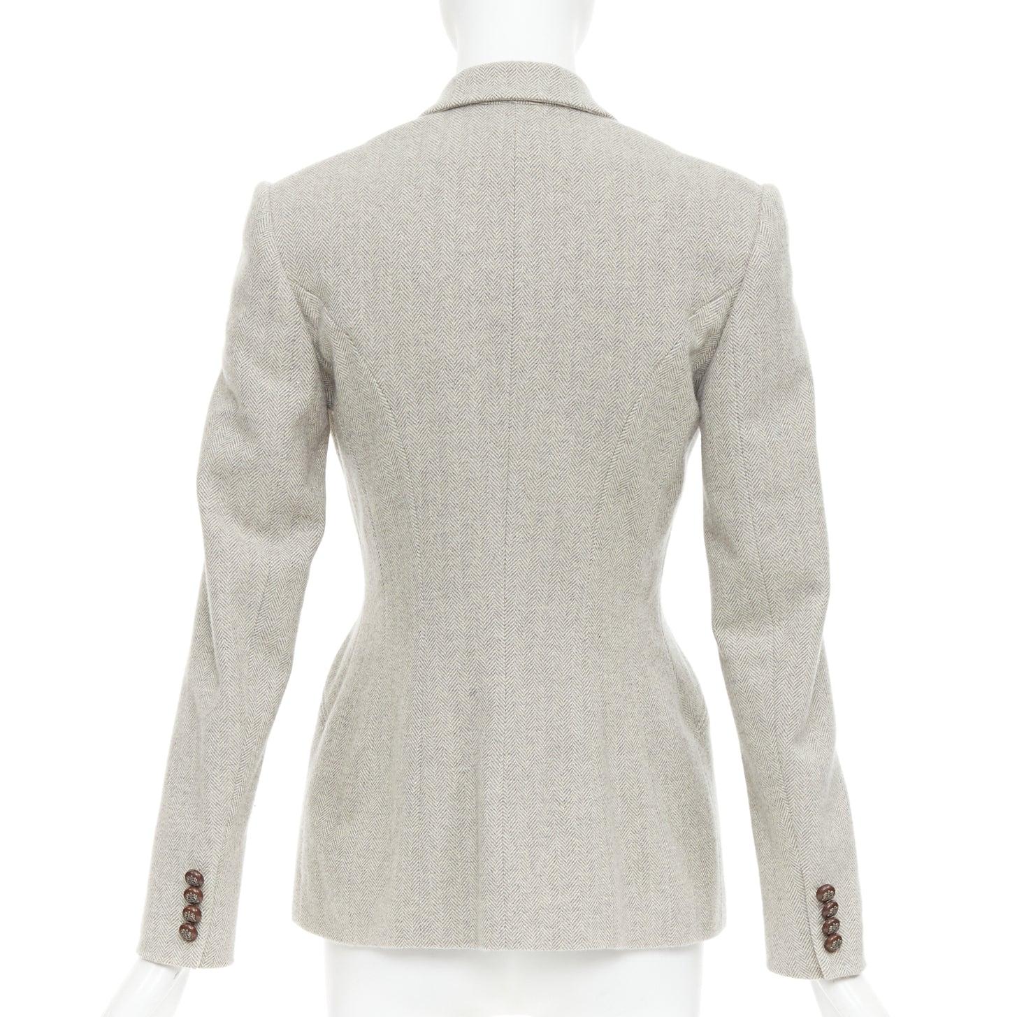 RALPH LAUREN Black Label Blazer aus Merinowolle mit Lederknöpfen in Fischgrätmuster US2 S Damen im Angebot