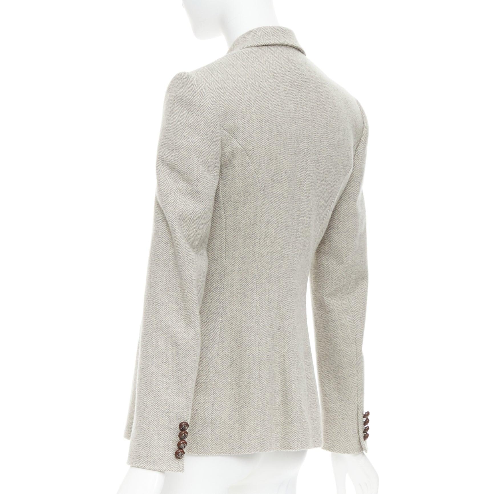 RALPH LAUREN Black Label Blazer aus Merinowolle mit Lederknöpfen in Fischgrätmuster US2 S im Angebot 1