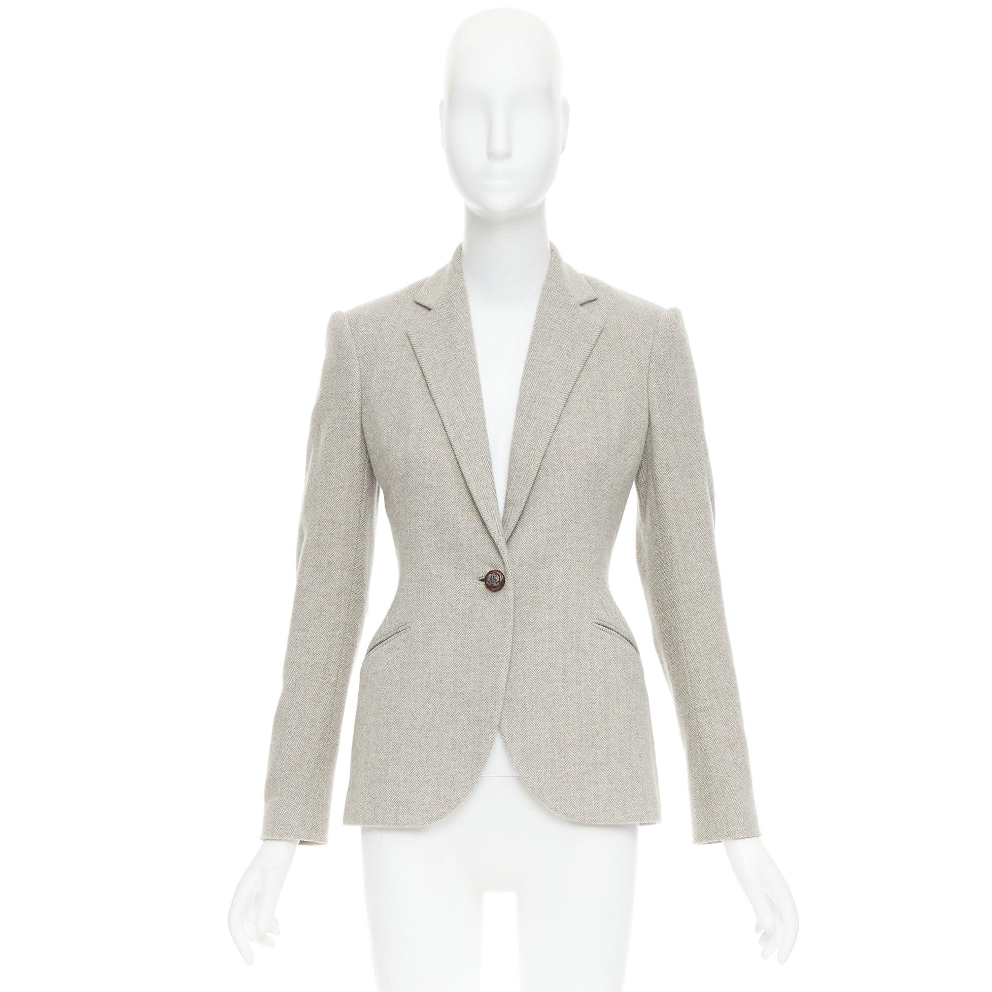 RALPH LAUREN Black Label Blazer aus Merinowolle mit Lederknöpfen in Fischgrätmuster US2 S im Angebot 4