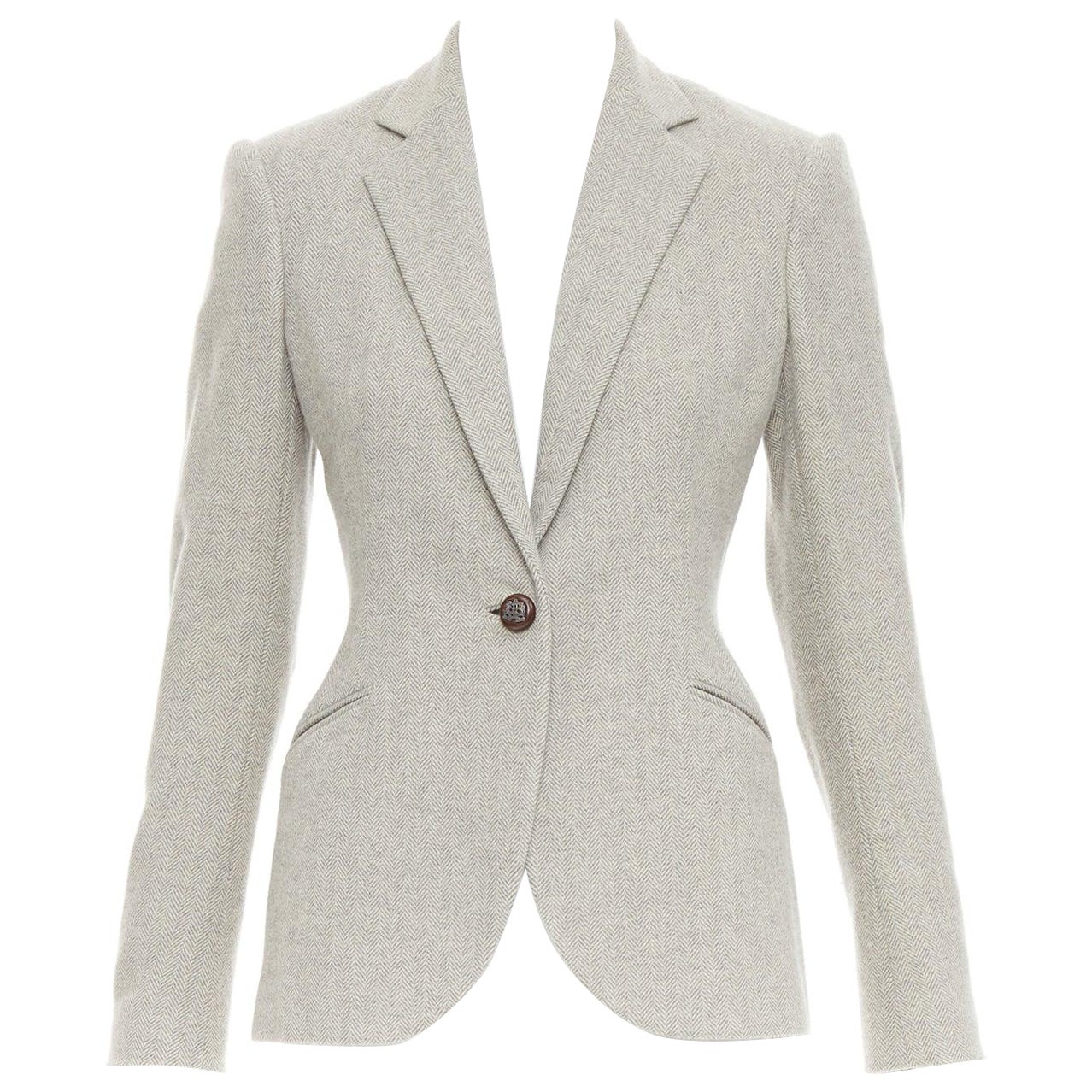 RALPH LAUREN Black Label merino wool herringbone leather button blazer US2 S