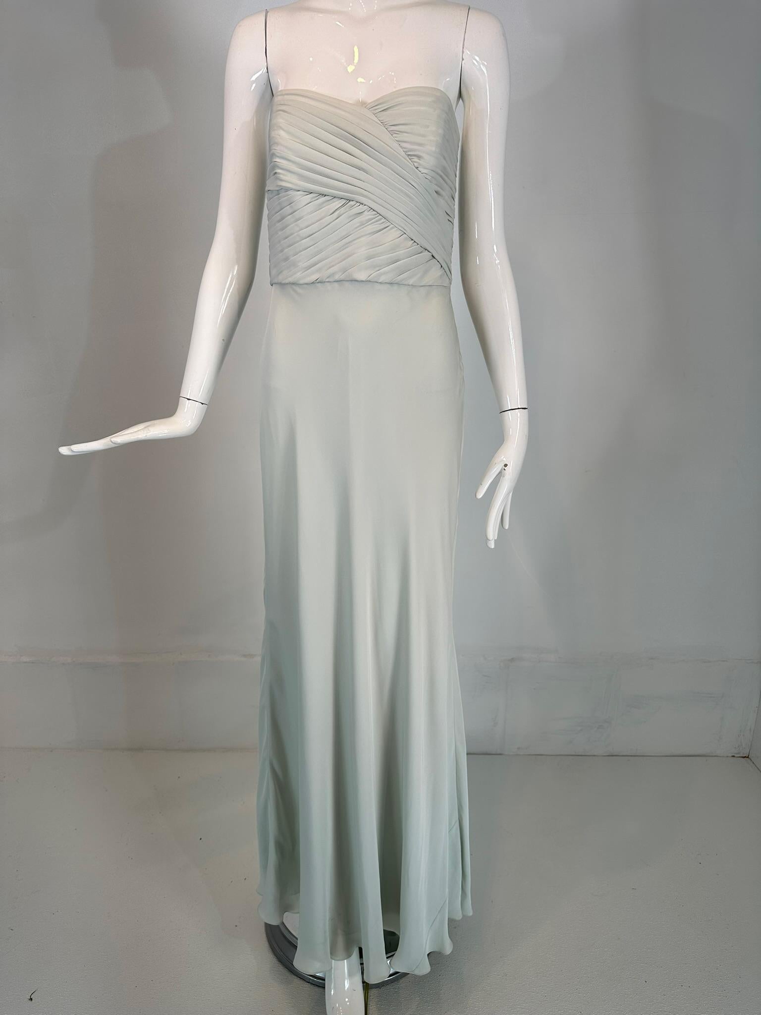 Ralph Lauren Black Label pale blue silk chiffon, strapless draped bodice bias cut gown marked size 8. Dusty pale blue silk chiffon gown with a draped boned bodice.The layered skirt is bias cut and full at the hem. Fully lined in silk satin. Closes