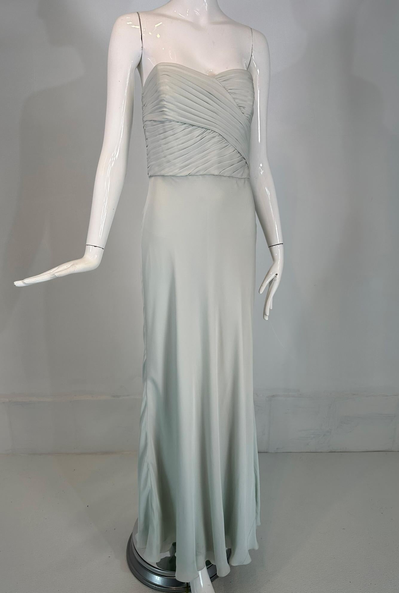 Gray Ralph Lauren Black Label Pale Blue Silk Strapless Draped Bodice Bias Cut Gown 8 For Sale