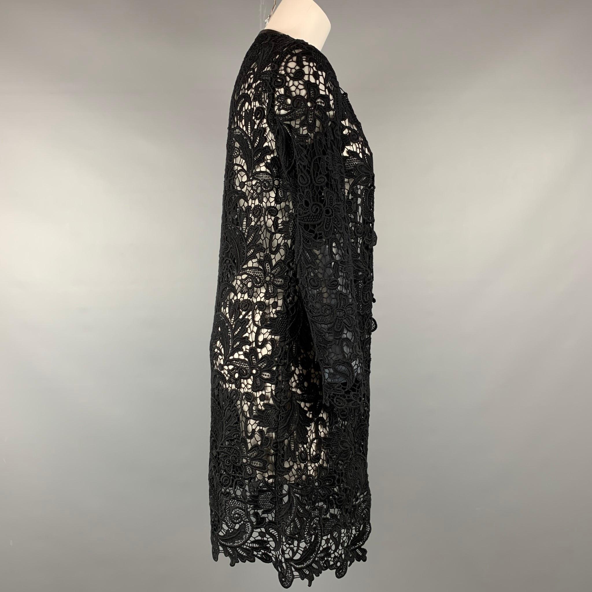 RALPH LAUREN Black Label Size 2 Black Lace Textured Cotton Leather Trim Cardigan In Good Condition In San Francisco, CA