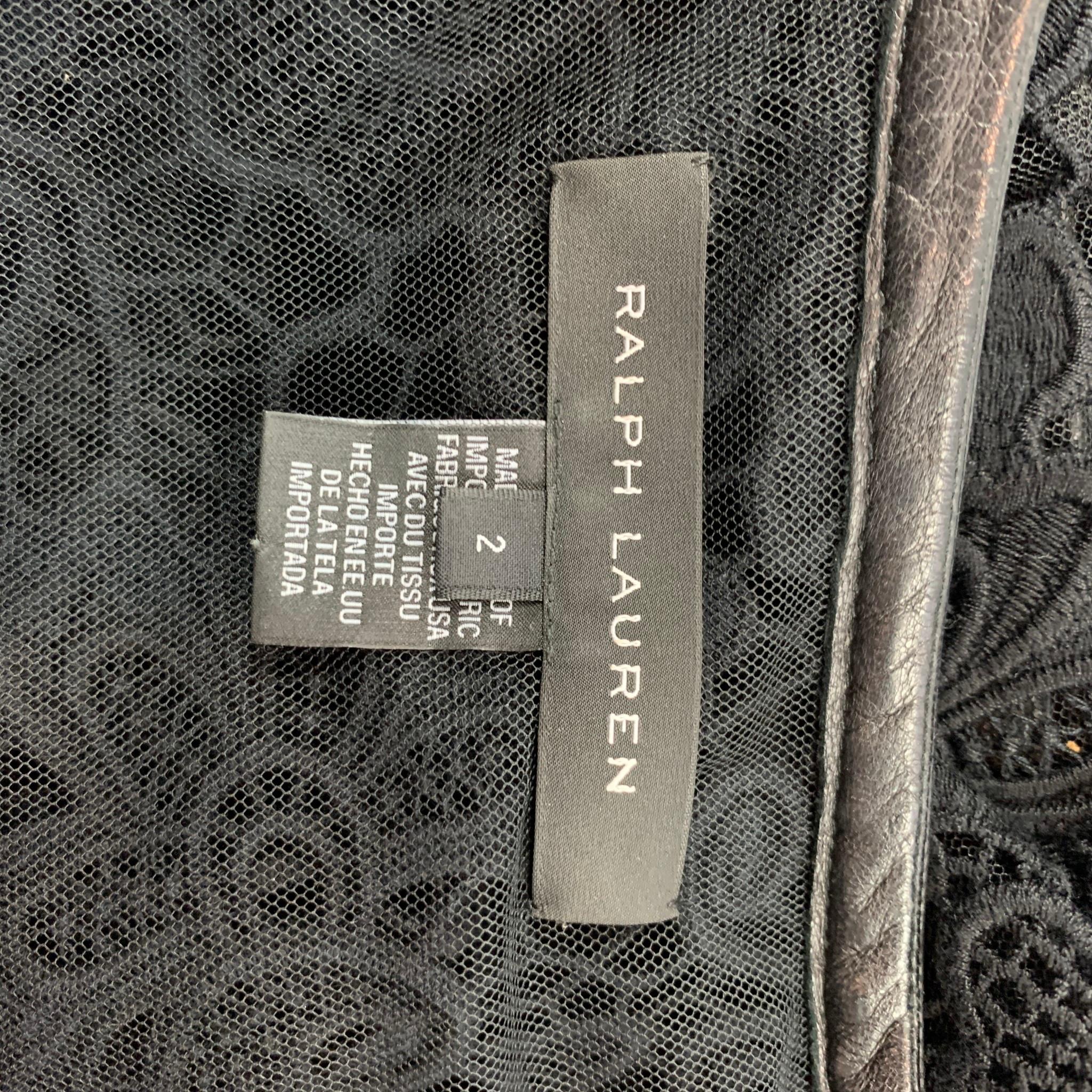 RALPH LAUREN Black Label Size 2 Black Lace Textured Cotton Leather Trim Cardigan 2