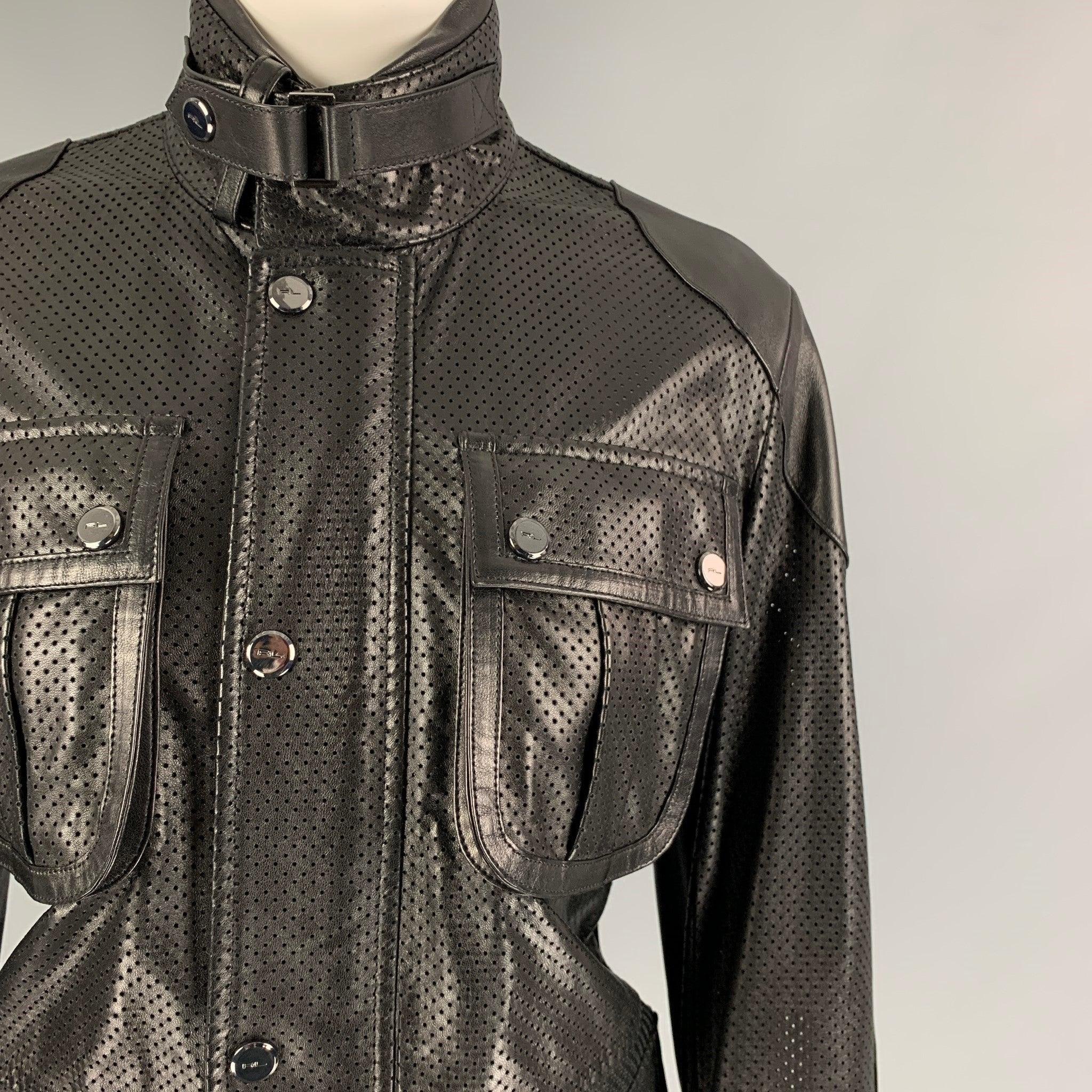 Women's RALPH LAUREN Black Label Size 2 Black Leather Perforated Lambskin Jacket For Sale