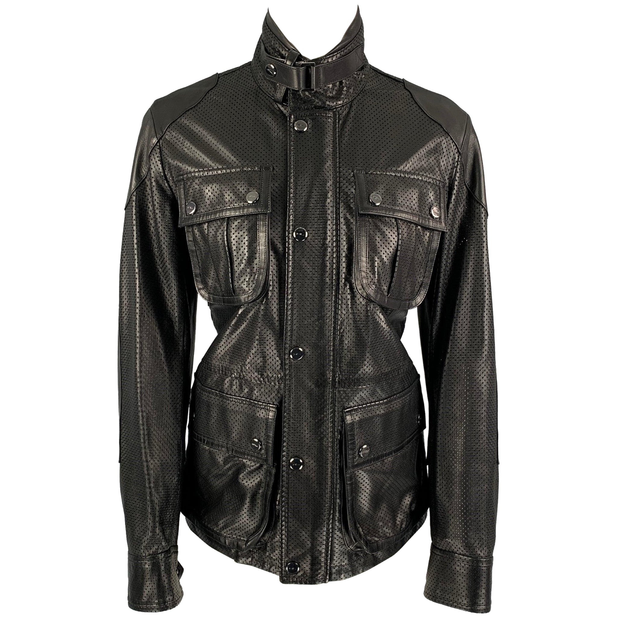 RALPH LAUREN Black Label Chaqueta de piel de cordero negra perforada talla 2