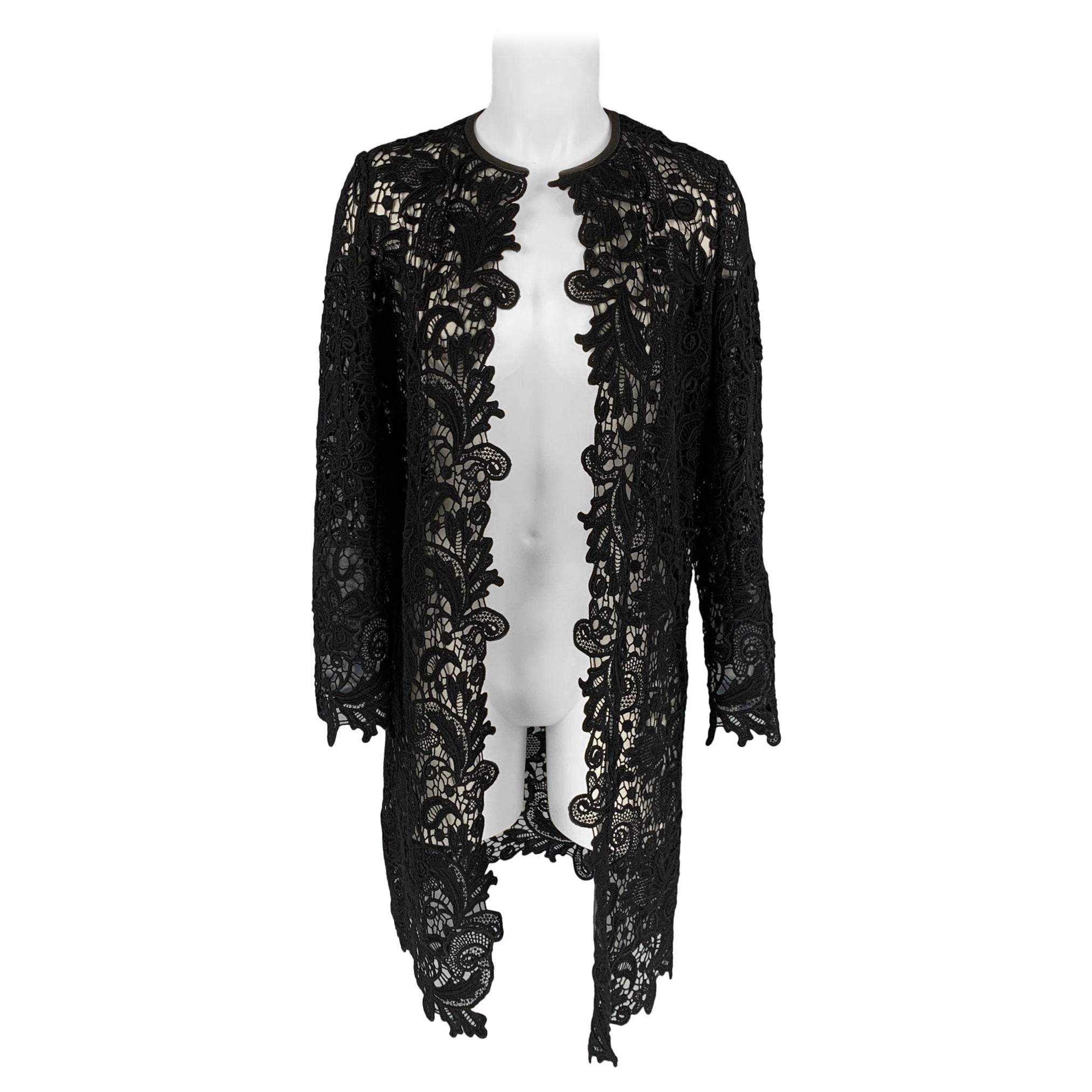 RALPH LAUREN Black Label Size 4 Black Cotton Lace Leather Trim Open Front Coat