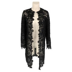 RALPH LAUREN Black Label Size 4 Black Cotton Lace Leather Trim Open Front Coat