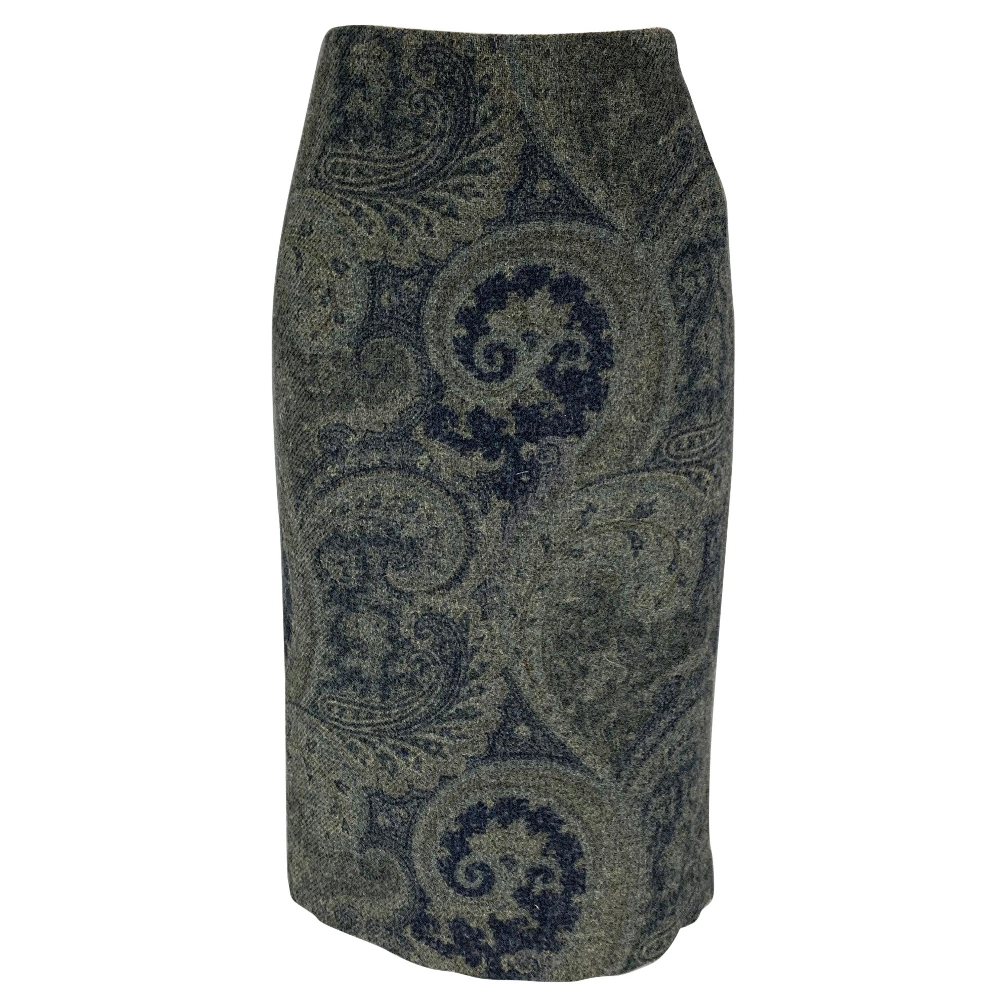 RALPH LAUREN Black Label Taille 4 - Jupe crayon en laine bleue grise à motif cachemire en dessous du genou