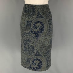 RALPH LAUREN Black Label Size 4 Blue Grey Wool Paisley Pencil Below Knee Skirt