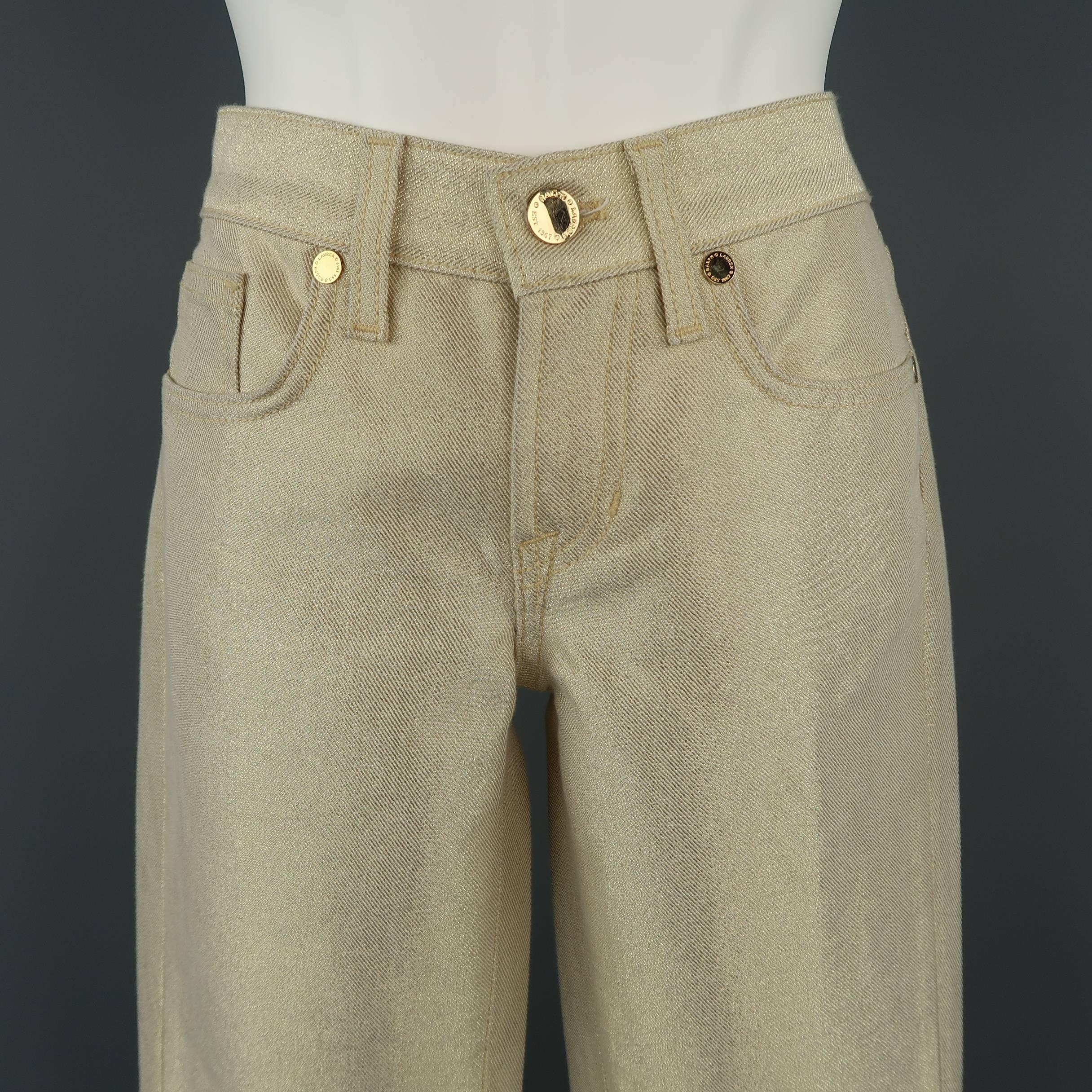RALPH LAUREN Black Label jeans come in metallic gold cotton denim twill with a gold tone metal plaque in the 380 fit. Made in USA.
 
Excellent Pre-Owned Condition.
Marked:
 
Measurements:
 
Waist: 30 in.
Rise: 7.5 in.
Inseam:  29 in.
