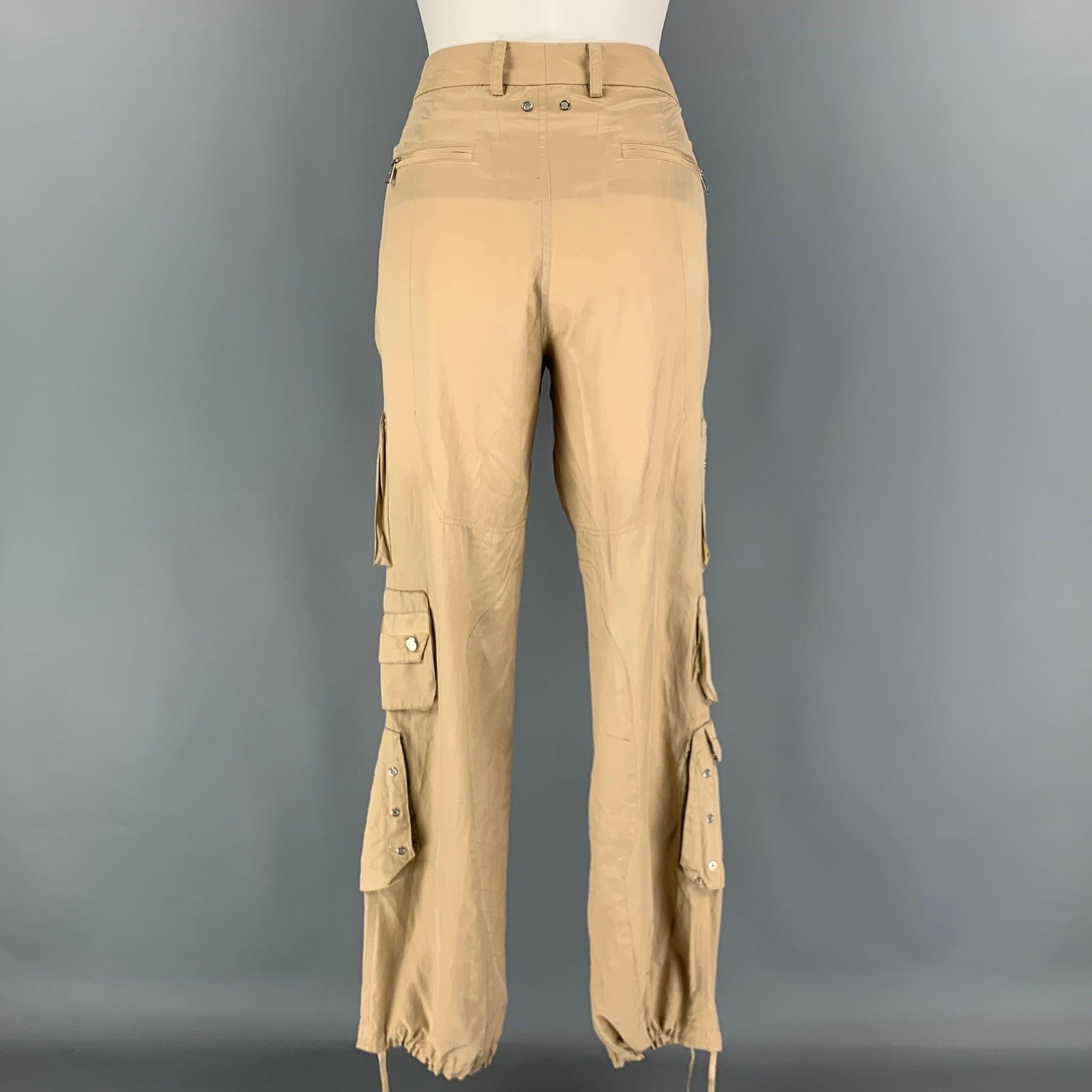 RALPH LAUREN Black Label Size 6 Beige Silk Cotton Shiny Cargo Casual Pants In Good Condition For Sale In San Francisco, CA